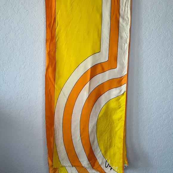Vintage Vera Neumann Orange Yellow Ivory Hippie Oblong Frayed Scarf Headwrap - Picture 3 of 7